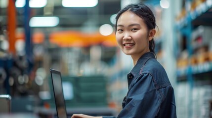 Young woman smiling at camera sitting at a desk with a laptop in a brightly lit industrial or warehouse setting.