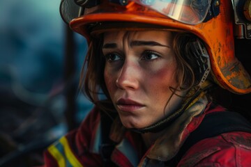 A close-up of a firefighter with a helmet and protective clothing, displaying a concerned expression on her face - Powered by Adobe