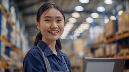 Young woman in blue apron smiling at camera in a warehouse setting with shelves of boxes in the background.