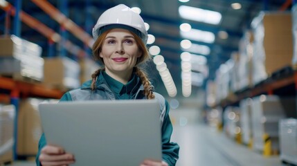 A woman in a hard hat smiling and holding a tablet standing in a warehouse with shelves of boxes in the background.