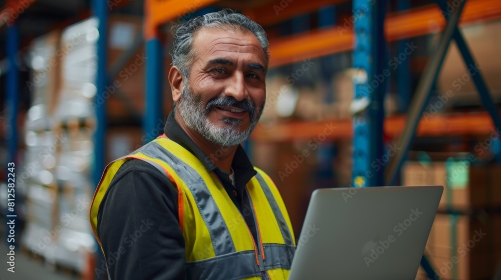 Wall mural A man with a beard and gray hair wearing a high-visibility vest smiling at the camera while standing in a warehouse with shelves in the background.