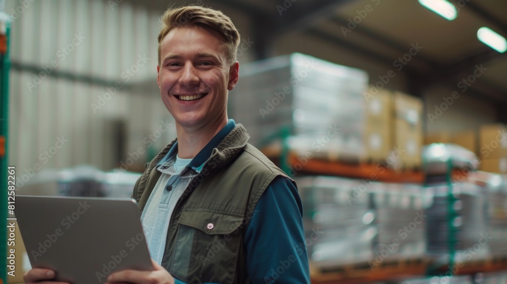 Wall mural Young man in warehouse smiling holding tablet wearing blue shirt and green vest surrounded by stacked boxes.