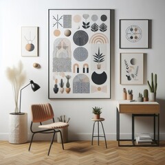 A Room with a template mockup poster empty white and with a chair and a table and a picture on the wall art realistic harmony card design.