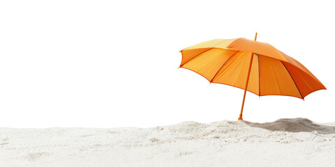 A orange parasol is stuck in the sand on the beach, transparent background and horizon