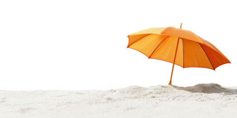 A orange parasol is stuck in the sand on the beach, transparent background and horizon