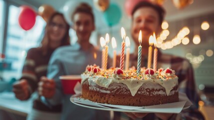 A joyful birthday celebration with a cake adorned with lit candles surrounded by friends in a festive atmosphere with balloons and string lights.