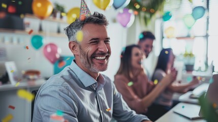 Man wearing party hat smiling surrounded by colorful balloons and confetti celebrating in office setting with colleagues.