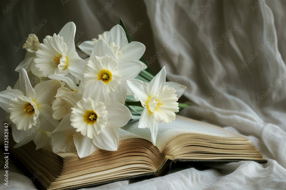 Poster softly lit beautiful daffodils rest on the pages of an open old book