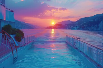 On the deck of a luxury cruise ship, there is an outdoor swimming pool with blue water and white railings on one side. The sea view shows mountains under a colorful sky at dusk. 