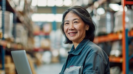 Smiling woman in blue work uniform standing in front of shelves in a warehouse or storage facility.