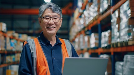 Smiling man in safety vest and glasses standing in front of a warehouse shelf with boxes using a laptop.