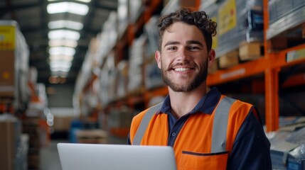 Smiling man in orange safety vest working in a warehouse with high shelving using a laptop.