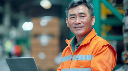 Man in orange safety jacket smiling at camera with blurred industrial background.