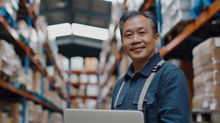 Asian man in warehouse with high shelves holding laptop smiling wearing blue shirt with white suspenders.