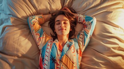 A young woman with closed eyes smiling and resting her head on a pillow wearing a colorful patterned top in a peaceful and relaxed pose.