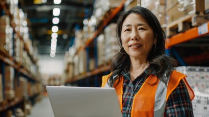 Woman in orange safety vest standing in warehouse with shelves of boxes smiling and looking at laptop.