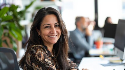 Smiling woman with long dark hair wearing a patterned top sitting at a desk in an office environment with blurred colleagues in the background.