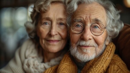 An elderly couple, close together, smiling, with the man wearing glasses and a sweater, and the woman with a scarf, both showing warmth and affection.