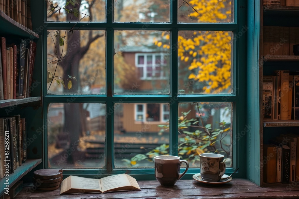 Poster inviting reading space by a window overlooking a scenic autumn backdrop with books and coffee cups