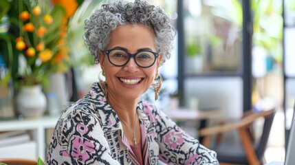 Smiling woman with curly gray hair wearing glasses a patterned jacket and earrings seated in a brightly lit room with plants and a window.