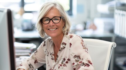 Smiling woman with short gray hair wearing glasses and a floral blouse seated at a desk with a computer monitor and papers.