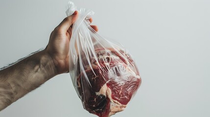 A hand holding a plastic bag with meat inside on a white background