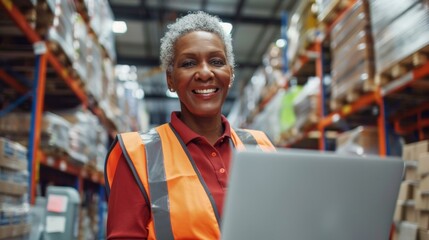 Smiling woman in orange vest and red shirt standing in front of a warehouse shelf with a laptop looking at the camera. - Powered by Adobe