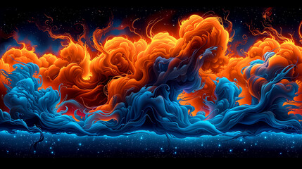 A colorful, abstract painting of a sky with orange and blue clouds