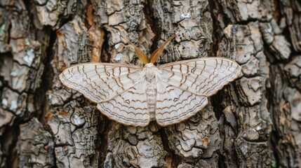 Close up shot of a light colored Apamea crenata moth perched on tree bark