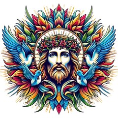 Fototapeta premium A colorful artwork of a jesus christ with a beard and birds image photo card design illustrator.