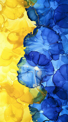 Abstract painting background in lemon yellow and cobalt blue, alcohol ink with oil paint texture.