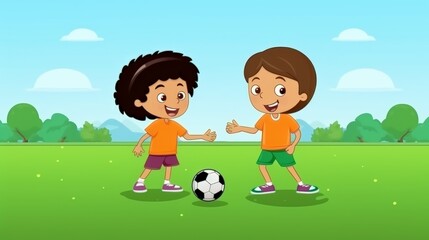 Two children playing soccer in a park