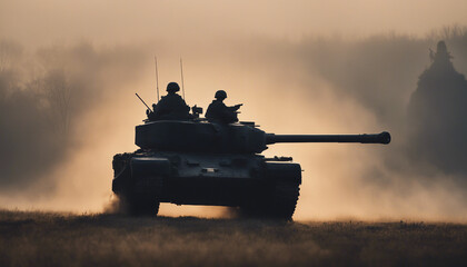 silhouette of american tank and soldiers advancing in foggy sunrise
 - Powered by Adobe