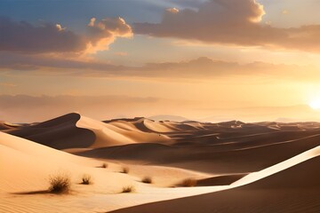 A serene desert landscape bathed in the warm light of the setting sun, with sand dunes stretching towards the horizon. 