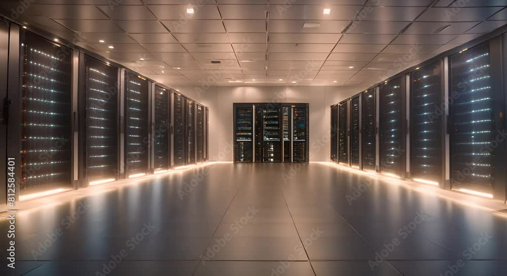 Poster high-density server room with rows of servers
