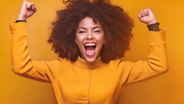 american lady shout loud yeah fist up raise win lottery isolated.generative ai