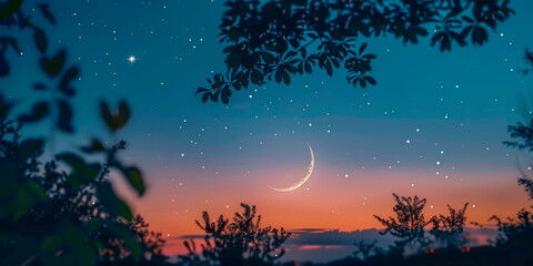 Elegant summer night with a clear sky, twinkling stars, and a crescent moon.