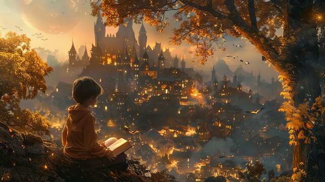 Sketch a scene of a young reader lost in the pages of a beloved book, transported to faraway lands and magical adventures with every turn of the page