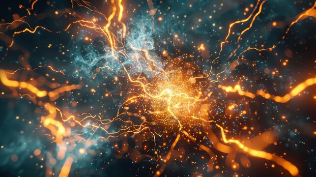 Sketch a scene of electrons flowing through a conductor in response to an applied voltage, powering electrical devices and appliances