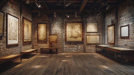 Sketch a sequence of rustic wooden frames on a brick wall inside a small, local museum, each frame...