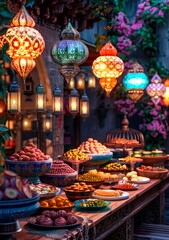 Fototapeta premium A festival bazaar with colorful lanterns, sweets, and other Eid decorations.