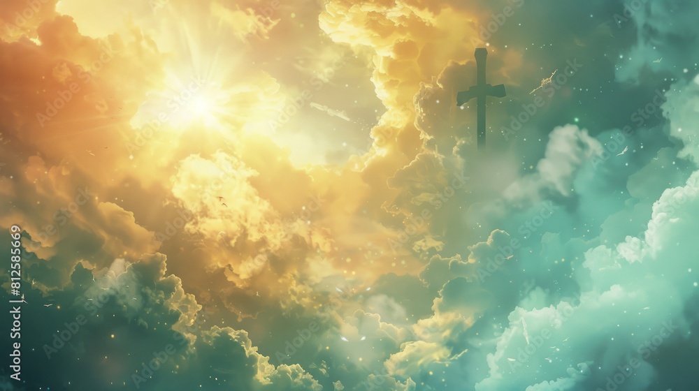 Poster captivating layout with a cross and ethereal clouds, symbolizing divine presence