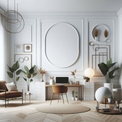 A Room with a template mockup poster empty white and with a desk chair and a chair and a chair art realistic has illustrative meaning.