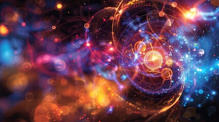 Visualize a complex diagram illustrating the behavior of particles at the quantum level, with electrons orbiting a nucleus