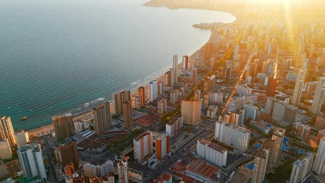 Aerial view of the Benidorm cityscape at sunset, Costa Blanca, Spain