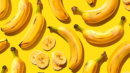 Banana fruit seamless pattern on yellow background