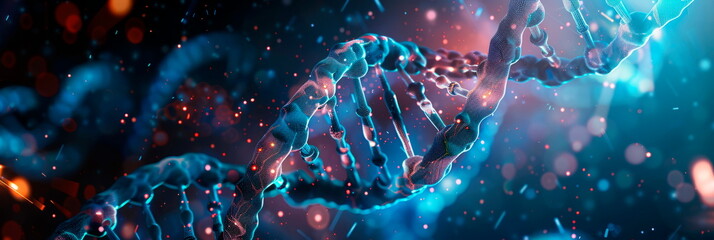 futuristic background with DNA double helix patterns, digital pixels and biotechnology icons, science fiction