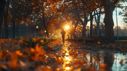 Morning jogger in a park, running slowly, soft morning sunlight creates a serene scene. 