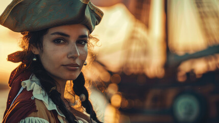 Female pirate against the background of a blurred ship