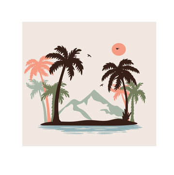 silhouette of mountains and palm trees landscape vector ocean. palm trees with mountains and water vector silhouette pink sun